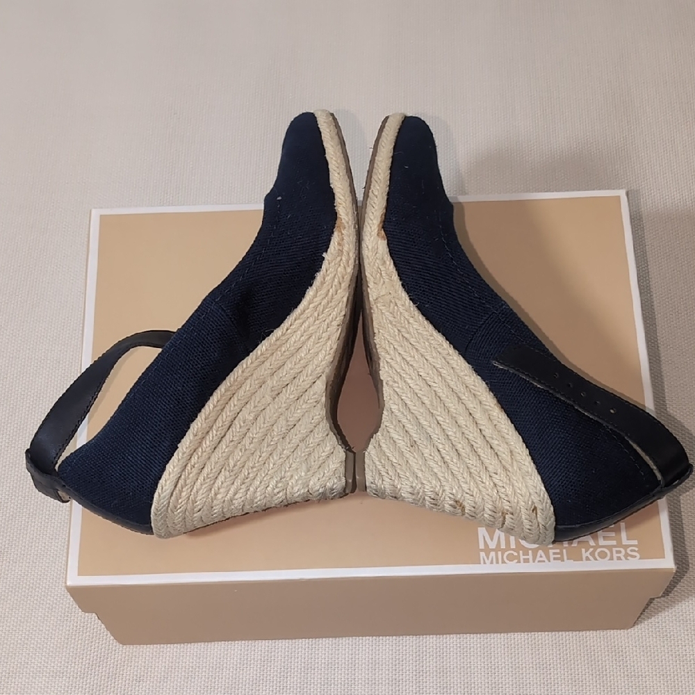 Michael Kors Meg Wedge Navy Canvas Espadrille Sandals Size 7 - Picture 4 of 8